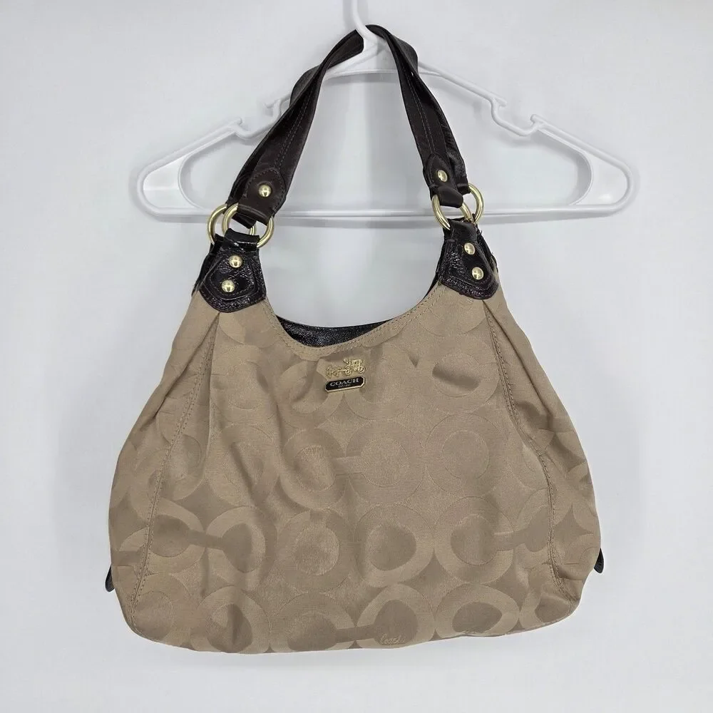 Coach Madison 14305 Signature Op Art Brown Sateen Maggie Carryall Shoulder Purse